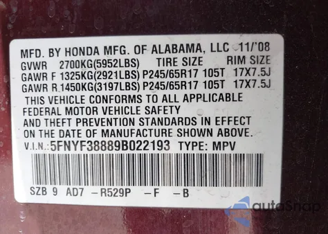2009 Honda Pilot Touring from USA, damaged, VIN 5FNYF38889B022193